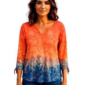 Rubyred Medium Orange Blue 3/4 Sleeves Women's Top Shirt Blouse Miss Size 8 10 M